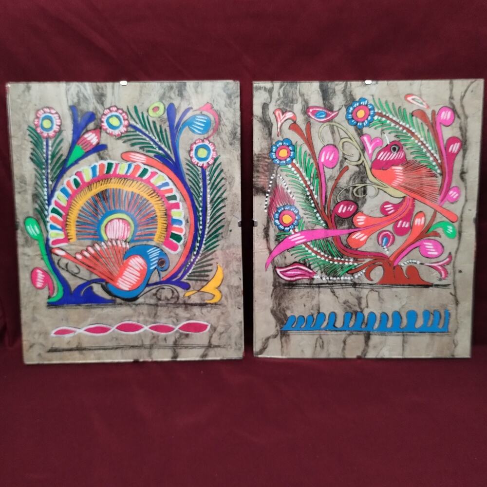 Vintage Mexican Amate Bark Painting Bright Neon Bird Folk Art 8x10 Set of 2